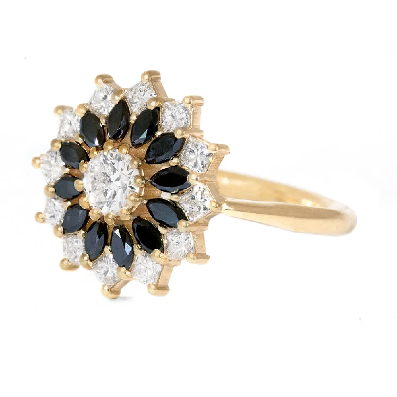 Black and White Diamond Engagement Ring - Flower Diamond Cluster Ring