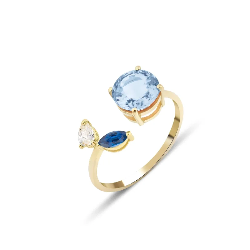 Elegant Designs, Unbeatable Discounts – Shop Jewelry Now Artisia Leaf 18K Gold Ring w. Aquamarine, Diamond & Sapphire