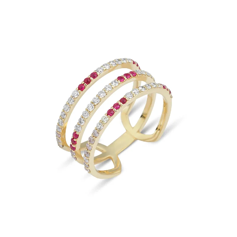 Artisia Triple Bar 18K Gold Ring w. Diamonds & Rubies