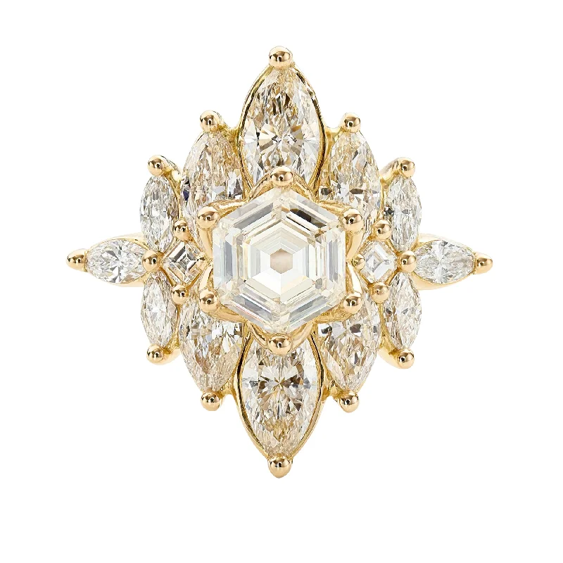 Discounted Luxury Jewelry – Shine Without The Splurge Mirrored Marquise Cluster Engagement Ring with a 1ct Hexagon Diamond Centerpiece Discounted Luxury Jewelry – Shine Without The Splurge Mirrored Marquise Cluster Engagement Ring with a 1ct Hexagon Diamond Centerpiece