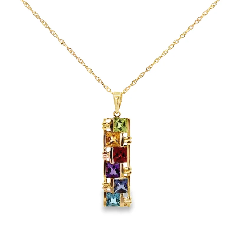 Chic, Trendy, And Affordable Jewelry Sale Rectangular Multigem Pendant in Yellow Gold Chic, Trendy, And Affordable Jewelry Sale Rectangular Multigem Pendant in Yellow Gold
