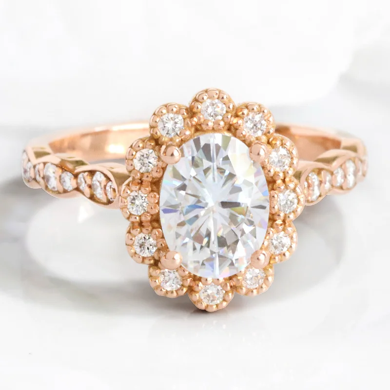 Oval Moissanite Engagement Ring in Vintage Luna Halo Diamond Ring