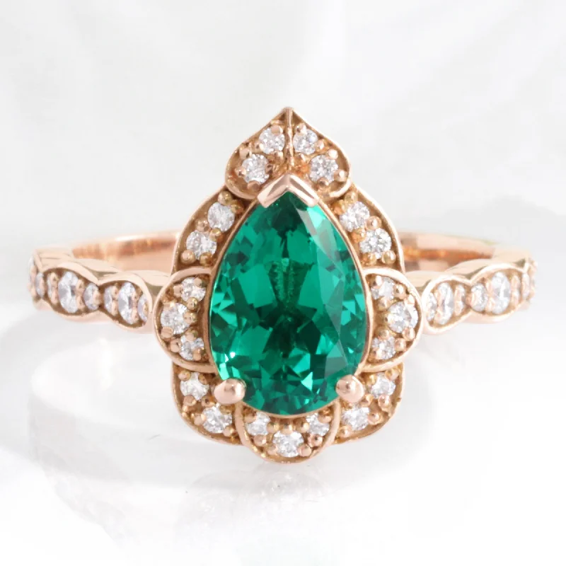 Jewelry Clearance Sale – Final Reductions Large Pear Emerald Diamond Ring in Vintage Floral Scalloped Band Jewelry Clearance Sale – Final Reductions Large Pear Emerald Diamond Ring in Vintage Floral Scalloped Band