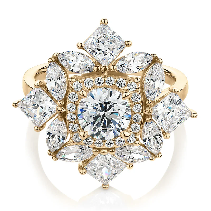Unbeatable Offers On Luxury And Everyday Jewelry Dress ring with 3.86 carats* of diamond simulants in 10 carat yellow gold Unbeatable Offers On Luxury And Everyday Jewelry Dress ring with 3.86 carats* of diamond simulants in 10 carat yellow gold
