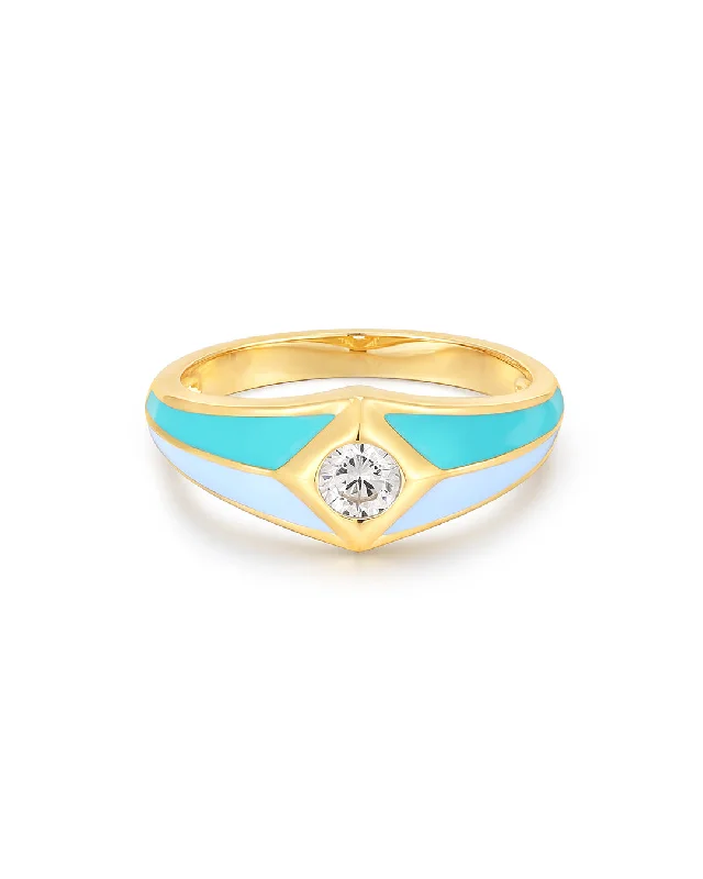 Handmade Pearl Jewelry For Timeless Elegance Pyramid Stud Signet Ring- Blue- Gold