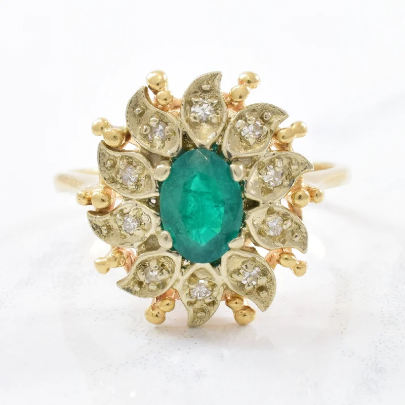 Buy More, Save More – Special Jewelry Discounts Courtship' Floral Diamond Halo Emerald Ring Circa 1940s | 0.12ctw, 0.55ct | SZ 8 |