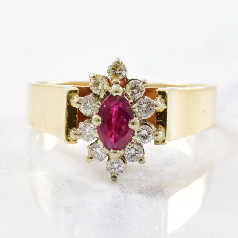 Jewelry Sale Bonanza – Grab Your Sparkle Now High Set Floral Ruby & Diamond Halo Ring | 0.20ctw, 0.30ct | SZ 7 |