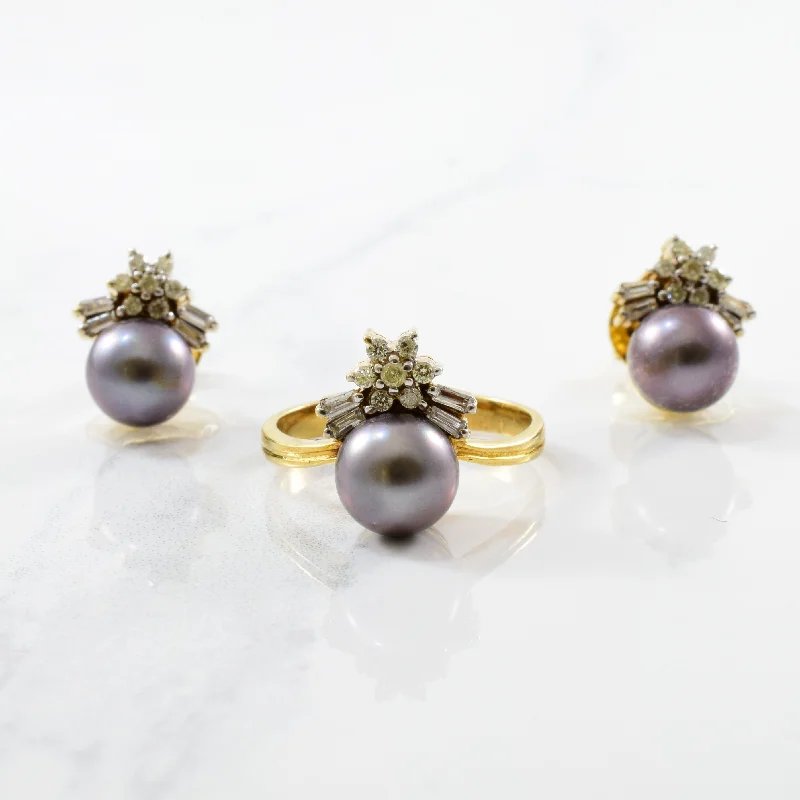 Waterproof Stainless Steel Jewelry For Lasting Beauty Tahitian Pearl Ring & Earring Stud Set | 0.45ctw, 7.50ctw | SZ 6.75 |