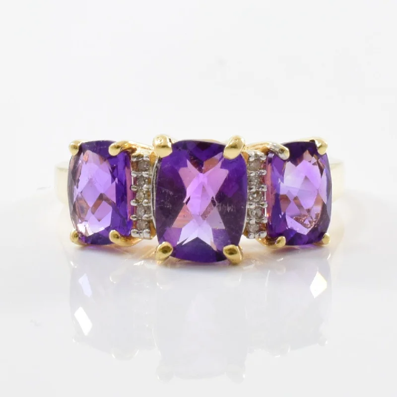 Elegant Rose Gold Jewelry For A Stylish Touch Cushion Cut Three Stone Amethyst Ring | 0.02ctw, 3.10ctw | SZ 8 |