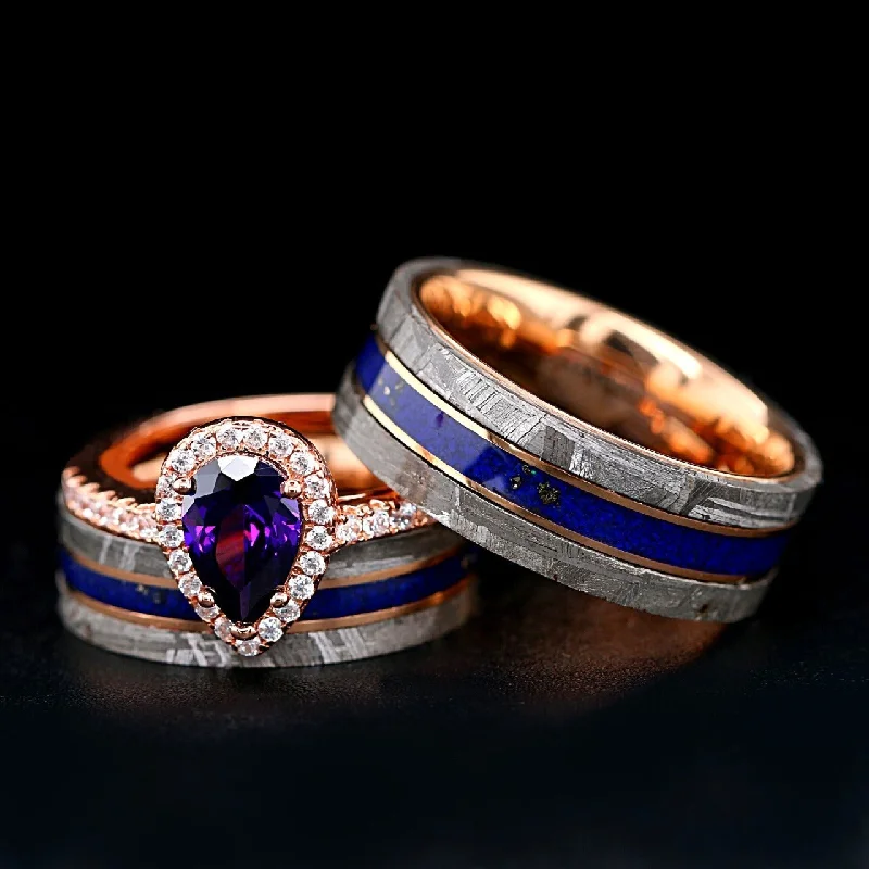 Bestselling Jewelry At Special Promotional Rates Meteor Pear - 3 pcs Couple Engagement Ring Set | Gold Plated Ring for Women | Meteorite Wedding Bands for Him & Her Bestselling Jewelry At Special Promotional Rates Meteor Pear - 3 pcs Couple Engagement Ring Set | Gold Plated Ring for Women | Meteorite Wedding Bands for Him & Her