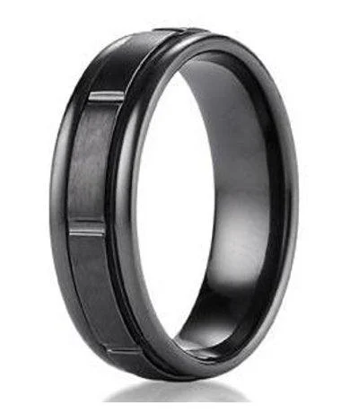 Shine Bright With Our Special Jewelry Promotions 7mm Men's Benchmark Black Titanium Wedding Band With Grooved Design Shine Bright With Our Special Jewelry Promotions 7mm Men's Benchmark Black Titanium Wedding Band With Grooved Design