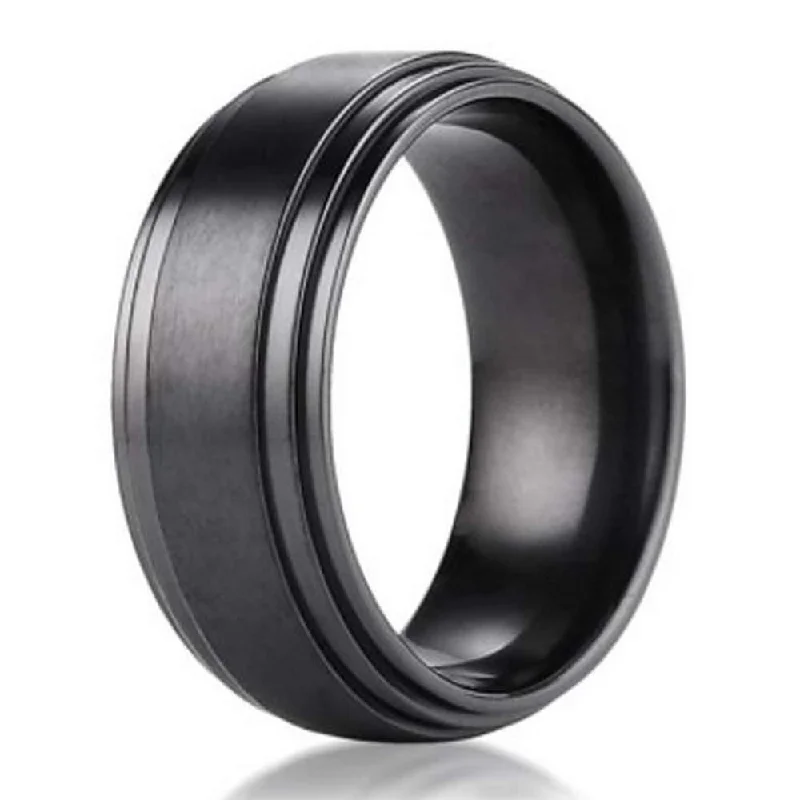 Modern Statement Jewelry For Bold Styling 8mm Benchmark Black Titanium Men's Wedding Ring with Step-Down Edges Modern Statement Jewelry For Bold Styling 8mm Benchmark Black Titanium Men's Wedding Ring with Step-Down Edges