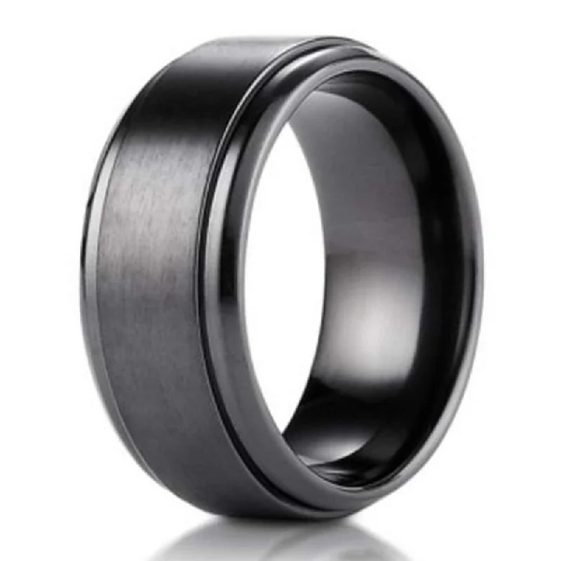 Shop Dazzling Jewelry With Special Promotional Discounts 9mm Black Titanium Benchmark Men's Wedding Ring With Stair Step Edges Shop Dazzling Jewelry With Special Promotional Discounts 9mm Black Titanium Benchmark Men's Wedding Ring With Stair Step Edges