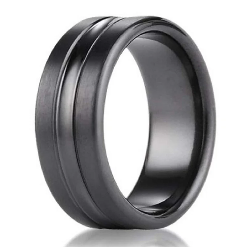 Dainty Floral Jewelry For Feminine Elegance 7.5mm Benchmark Black Titanium Men's Wedding Ring With Center Cut Dainty Floral Jewelry For Feminine Elegance 7.5mm Benchmark Black Titanium Men's Wedding Ring With Center Cut
