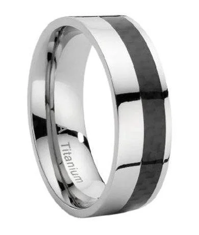 Discounted Jewelry For A Glamorous Look Men's Titanium Ring With Offset Carbon Fiber Inlay-8mm Discounted Jewelry For A Glamorous Look Men's Titanium Ring With Offset Carbon Fiber Inlay-8mm