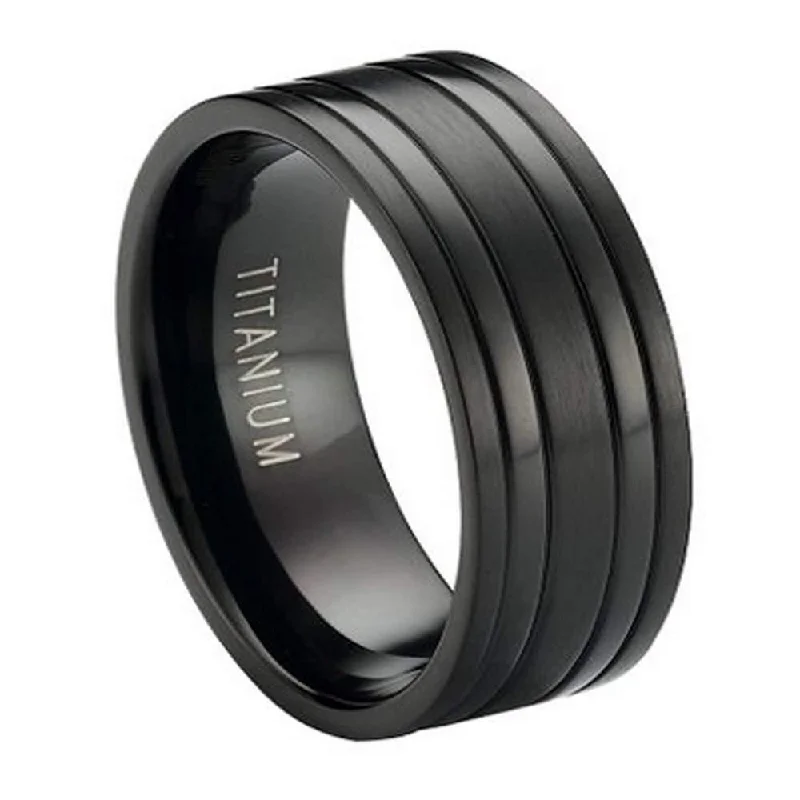 Fashion-Forward Geometric Jewelry For Contemporary Style Black Titanium Wedding Band with Satin Finish and Polished Bands | 8mm