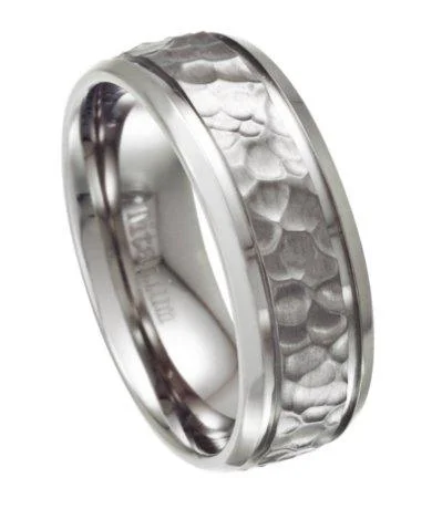 Sparkle In Style With Our Best Jewelry Deals Hammered Ring for Men in Titanium, Polished Beveled Edges | 8mm Sparkle In Style With Our Best Jewelry Deals Hammered Ring for Men in Titanium, Polished Beveled Edges | 8mm