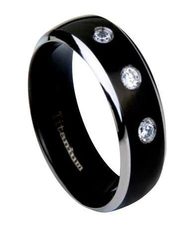 Bestselling Jewelry At Special Promotional Rates Men's Titanium Wedding Band with 3 CZs and Black IP Center | 8mm Bestselling Jewelry At Special Promotional Rates Men's Titanium Wedding Band with 3 CZs and Black IP Center | 8mm