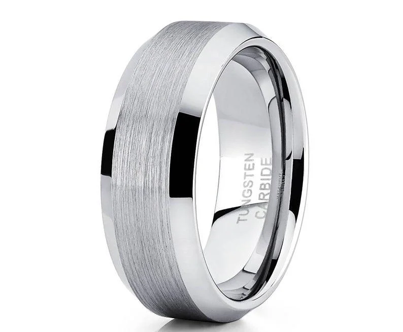 Premium Diamond Jewelry For Unforgettable Moments White Tungsten Ring for Men Flat Satin Finish and Polished Beveled Edges | 8mm Premium Diamond Jewelry For Unforgettable Moments White Tungsten Ring for Men Flat Satin Finish and Polished Beveled Edges | 8mm