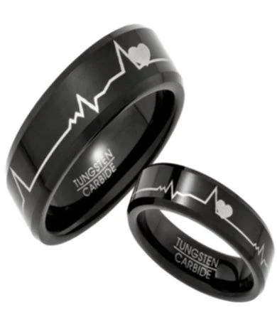 Adjustable Charm Bracelets For A Perfect Fit Black Tungsten His and Her Rings with Hearts and Heartbeats Design