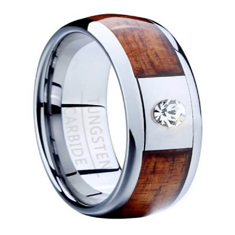 Romantic Heart-Shaped Jewelry For Special Gifts Men's Tungsten Ring with Koa Wood Inlay and Single CZ-8mm