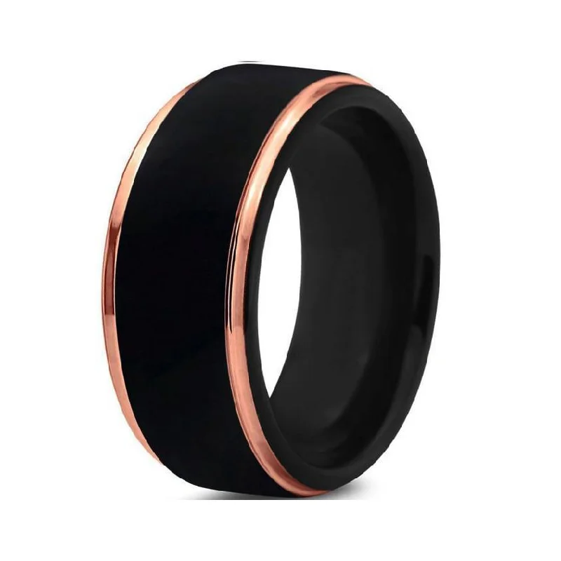 Black Tungsten Rose Gold Plated Beveled Edge Men's Ring-8mm