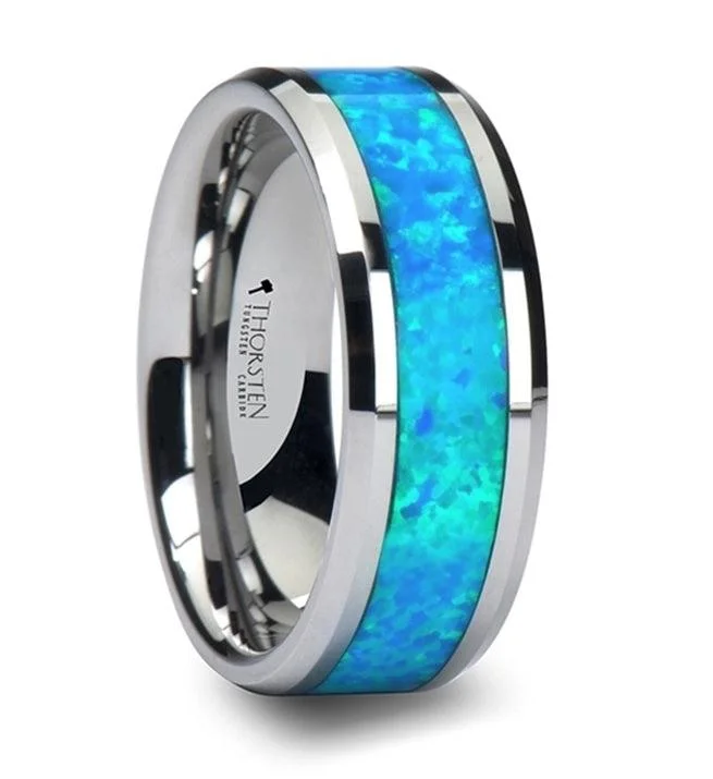 Trendy Minimalist Jewelry For Everyday Wear QUASAR Tungsten Wedding Band with Blue Green Opal Inlay-8mm Trendy Minimalist Jewelry For Everyday Wear QUASAR Tungsten Wedding Band with Blue Green Opal Inlay-8mm