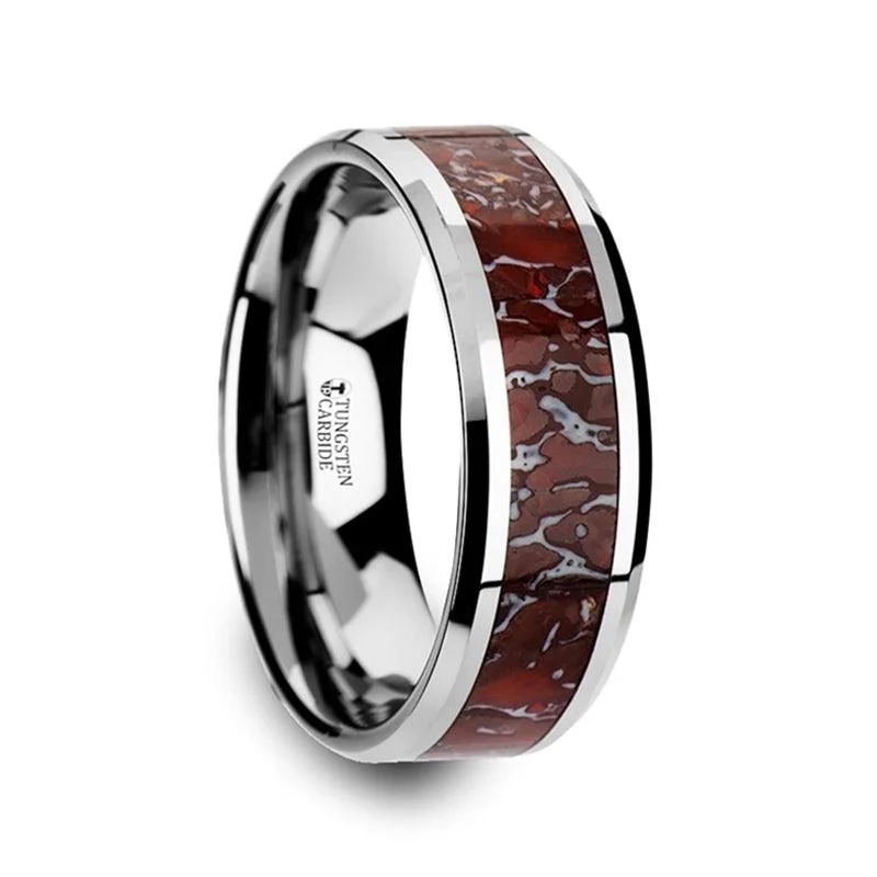 Your Perfect Accessory At The Perfect Price JURASSIC Red Dinosaur Bone Inlaid Tungsten Carbide Beveled Edged Ring Your Perfect Accessory At The Perfect Price JURASSIC Red Dinosaur Bone Inlaid Tungsten Carbide Beveled Edged Ring