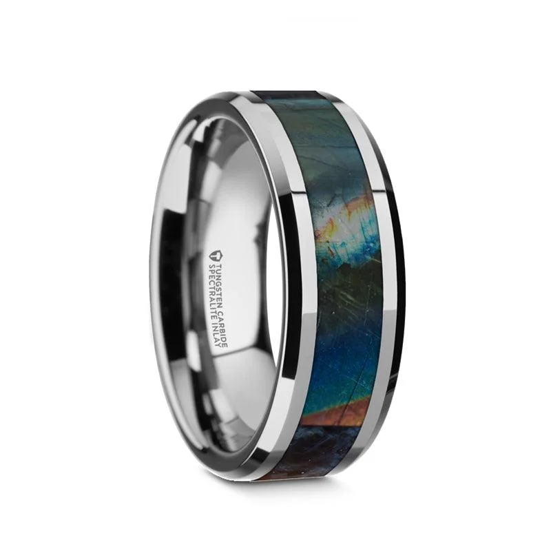 Timeless Jewelry, Timeless Savings – Don't Wait ESSENCE Men's Beveled Tungsten Carbide Ring with Spectrolite Inlay-8mm Timeless Jewelry, Timeless Savings – Don't Wait ESSENCE Men's Beveled Tungsten Carbide Ring with Spectrolite Inlay-8mm