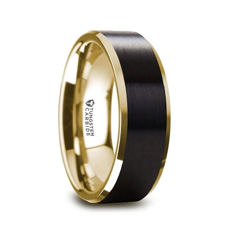 Fashion-Forward Geometric Jewelry For Contemporary Style GASTON Men's Gold Plated Tungsten Polished Beveled Brushed Black Center - 8mm Fashion-Forward Geometric Jewelry For Contemporary Style GASTON Men's Gold Plated Tungsten Polished Beveled Brushed Black Center - 8mm