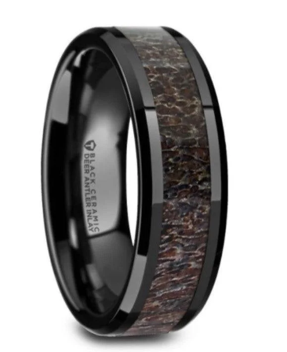 Jewelry Clearance Event – Stock Up Before It's Over TINE Black Ceramic Polished Beveled Men's Band Dark Brown Antler Inlay - 6mm Jewelry Clearance Event – Stock Up Before It's Over TINE Black Ceramic Polished Beveled Men's Band Dark Brown Antler Inlay - 6mm