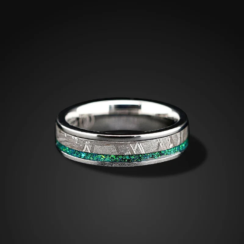 Limited-Stock Jewelry Sale – Once It's Gone, It's Gone Meteorite Unity - Green Opal Wedding Band | Muonionalusta Meteorite Band for Men & Women Limited-Stock Jewelry Sale – Once It's Gone, It's Gone Meteorite Unity - Green Opal Wedding Band | Muonionalusta Meteorite Band for Men & Women