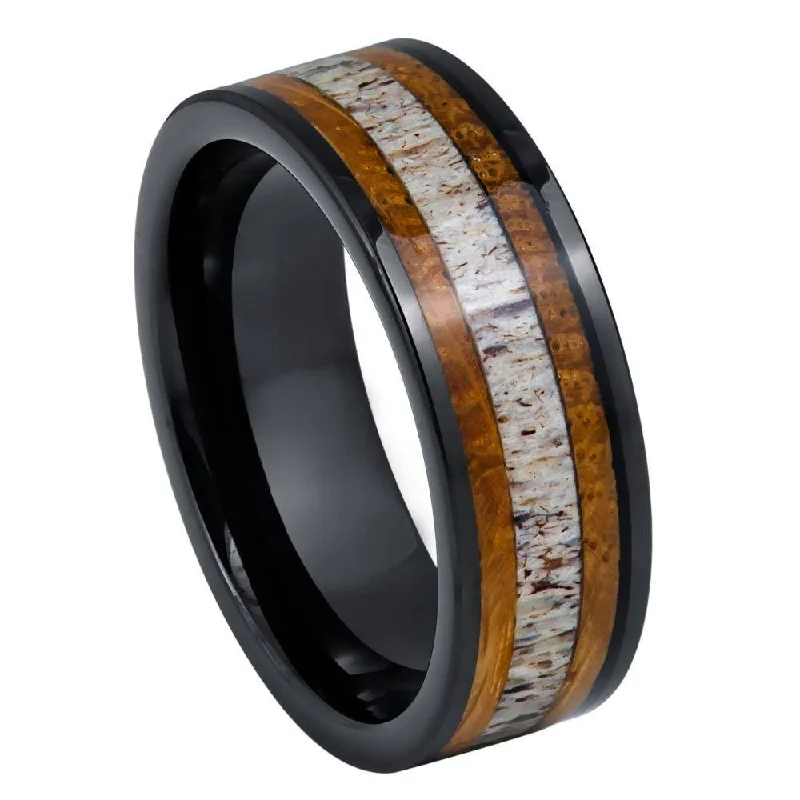 Modern Statement Jewelry For Bold Styling Tungsten Black IP Ring with Whiskey Barrel and Deer Antler Inlay- 8mm Modern Statement Jewelry For Bold Styling Tungsten Black IP Ring with Whiskey Barrel and Deer Antler Inlay- 8mm