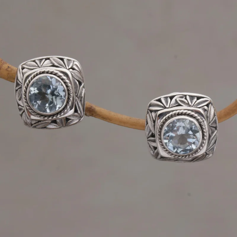 Fashion-Forward Geometric Jewelry For Contemporary Style Bamboo Shade Blue Topaz and Sterling Silver Button Earrings from Bali Fashion-Forward Geometric Jewelry For Contemporary Style Bamboo Shade Blue Topaz and Sterling Silver Button Earrings from Bali