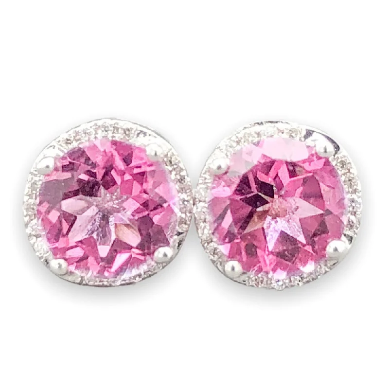 Modern Statement Jewelry For Bold Styling 14K W Gold 1.5cttw Pink Topaz & 0.04cttw SI1/G-H Diamond Halo Stud Earrings Modern Statement Jewelry For Bold Styling 14K W Gold 1.5cttw Pink Topaz & 0.04cttw SI1/G-H Diamond Halo Stud Earrings