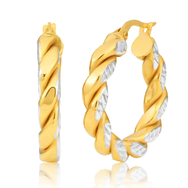 Exclusive Jewelry Sale Event – Shop Now 9ct Two-Tone 15mm Fancy Twist Diamond Cut Pattern Hoop Earrings Exclusive Jewelry Sale Event – Shop Now 9ct Two-Tone 15mm Fancy Twist Diamond Cut Pattern Hoop Earrings