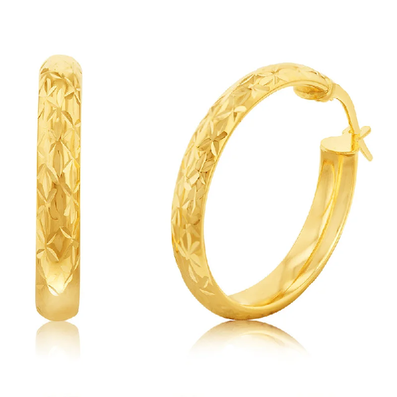 Chic, Trendy, And Affordable Jewelry Sale 9ct Yellow Gold Patterned 20mm Hoop Earrings Chic, Trendy, And Affordable Jewelry Sale 9ct Yellow Gold Patterned 20mm Hoop Earrings