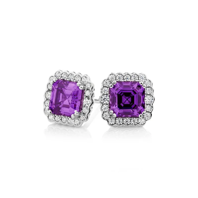 Luxury Jewelry Sale – Elegant Styles At Unbeatable Prices Asscher and Round Brilliant halo stud earrings with amethyst simulants and 0.42 carats* of diamond simulants in sterling silver Luxury Jewelry Sale – Elegant Styles At Unbeatable Prices Asscher and Round Brilliant halo stud earrings with amethyst simulants and 0.42 carats* of diamond simulants in sterling silver