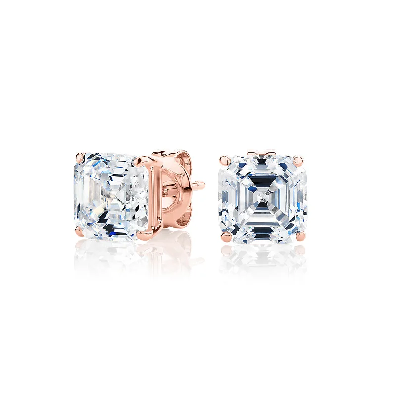 Premium Jewelry Now Available At Special Discounts Asscher stud earrings with 3 carats* of diamond simulants in 10 carat rose gold Premium Jewelry Now Available At Special Discounts Asscher stud earrings with 3 carats* of diamond simulants in 10 carat rose gold