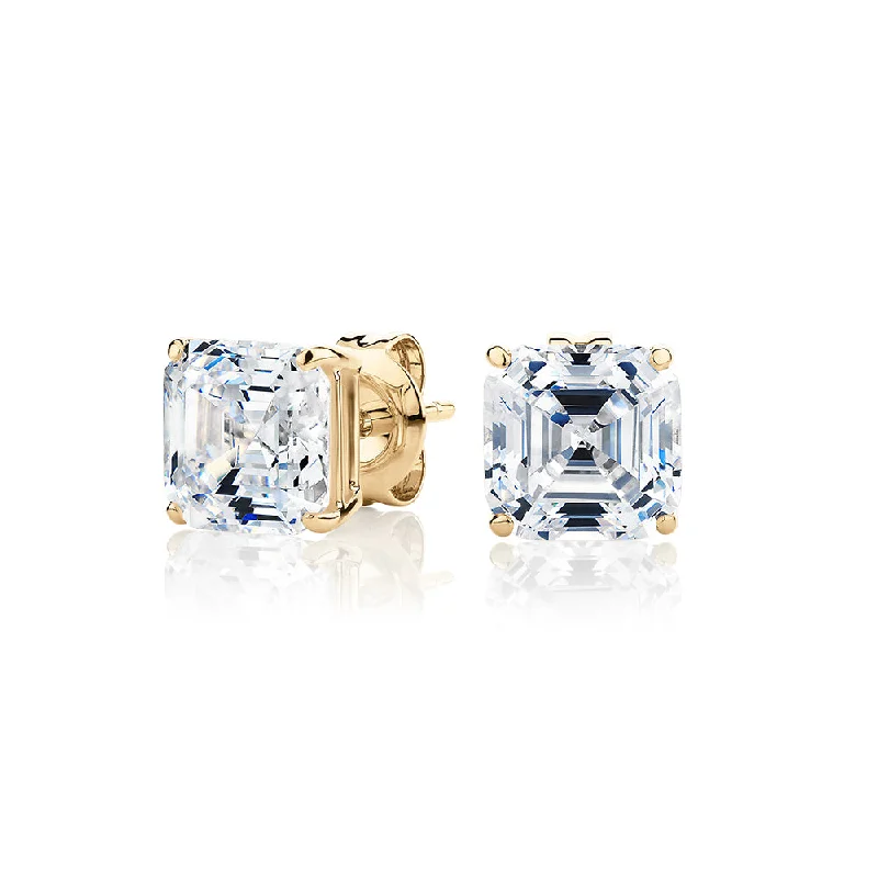 Shop Dazzling Jewelry At The Best Prices Asscher stud earrings with 3 carats* of diamond simulants in 10 carat yellow gold Shop Dazzling Jewelry At The Best Prices Asscher stud earrings with 3 carats* of diamond simulants in 10 carat yellow gold