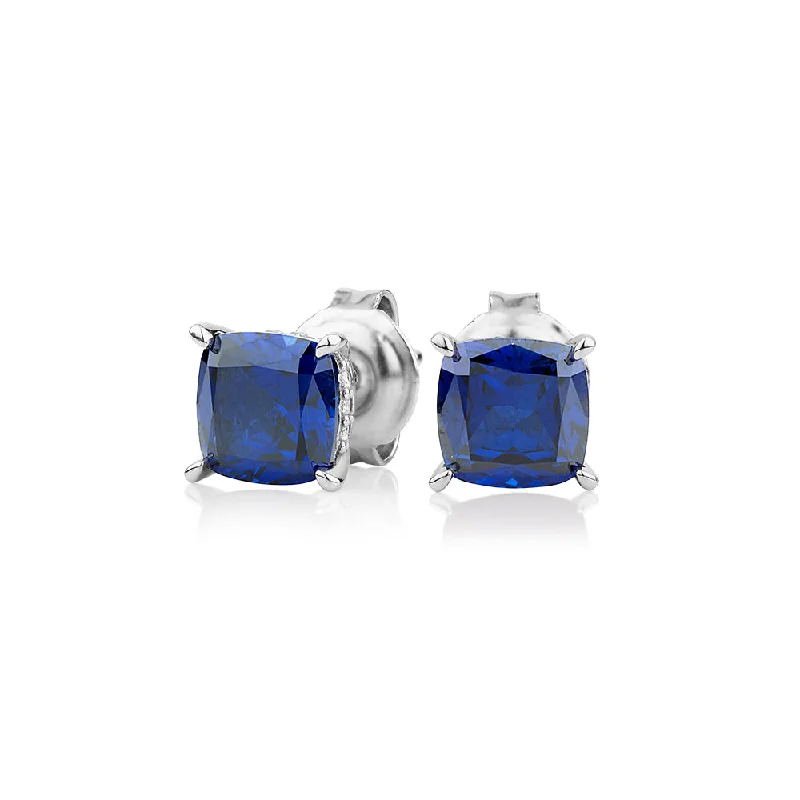Premium Diamond Jewelry For Unforgettable Moments Cushion and Round Brilliant stud earrings with sapphire and diamond simulants in sterling silver Premium Diamond Jewelry For Unforgettable Moments Cushion and Round Brilliant stud earrings with sapphire and diamond simulants in sterling silver
