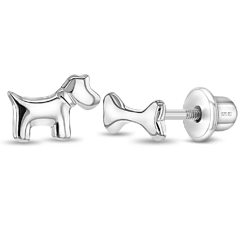 Trending Jewelry Styles Now At Limited-Time Discounts Dainty Dog and Bone Kids / Children's / Girls Earrings Screw Back - Sterling Silver