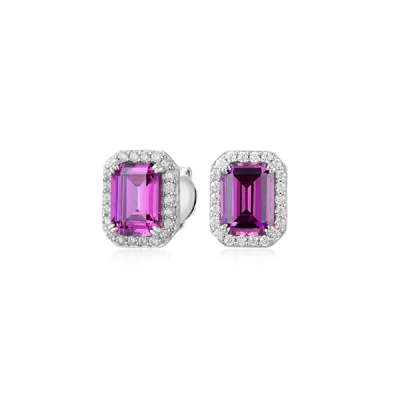 Fashion-Forward Jewelry At Incredible Prices Emerald Cut and Round Brilliant halo stud earrings with pink tourmaline simulants and 0.29 carats* of diamond simulants in sterling silver Fashion-Forward Jewelry At Incredible Prices Emerald Cut and Round Brilliant halo stud earrings with pink tourmaline simulants and 0.29 carats* of diamond simulants in sterling silver