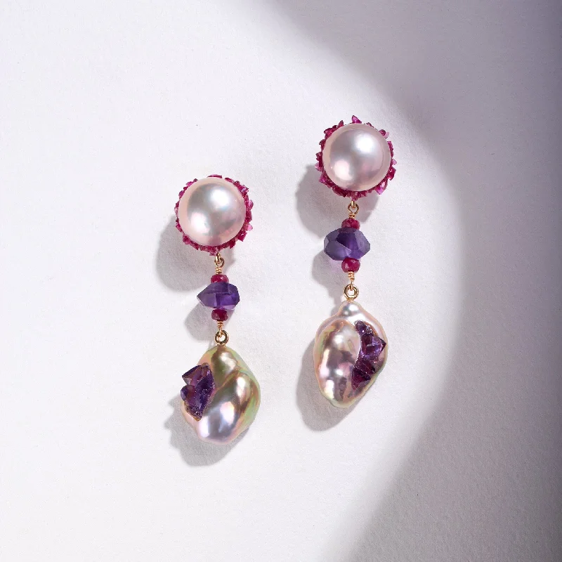 Bohemian-Inspired Jewelry For Free-Spirited Fashion Freshwater Edison and Souffle Pearl Spiral Statement Earrings with Ruby and Amethyst Bohemian-Inspired Jewelry For Free-Spirited Fashion Freshwater Edison and Souffle Pearl Spiral Statement Earrings with Ruby and Amethyst