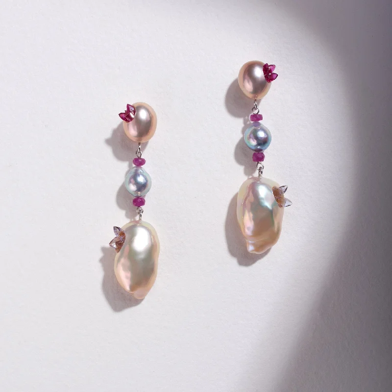 High-Quality Gemstone Jewelry For Special Occasions Freshwater Souffle and Vietnamese Blue Akyoa Pearl Point Dangle Earrings with Rubies and Tanzanite High-Quality Gemstone Jewelry For Special Occasions Freshwater Souffle and Vietnamese Blue Akyoa Pearl Point Dangle Earrings with Rubies and Tanzanite