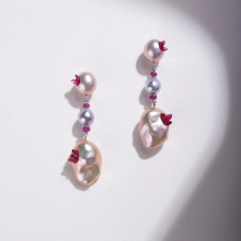 Trendy Minimalist Jewelry For Everyday Wear Freshwater Souffle and Vietnamese Blue Akyoa Pearl Point Dangle Earrings with Rubies Trendy Minimalist Jewelry For Everyday Wear Freshwater Souffle and Vietnamese Blue Akyoa Pearl Point Dangle Earrings with Rubies