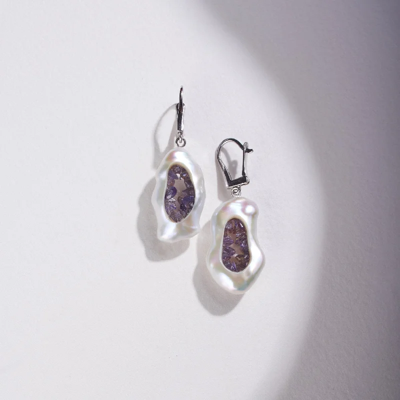 Customized Silver Jewelry For Unique Style Freshwater Souffle Pearl Grotto Dangle Earrings with Tanzanite Customized Silver Jewelry For Unique Style Freshwater Souffle Pearl Grotto Dangle Earrings with Tanzanite