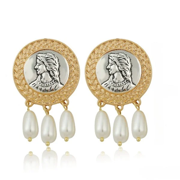 Celebrate Every Occasion With Sparkling Savings Gold Tone Pearl Bead Hanging Round Girl Embellished Stud Earrings JLT12873 Celebrate Every Occasion With Sparkling Savings Gold Tone Pearl Bead Hanging Round Girl Embellished Stud Earrings JLT12873