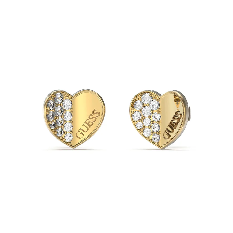 Premium Diamond Jewelry For Unforgettable Moments Guess Gold Plated Stainless Steel 12mm Plain & Pave Heart Earrings Premium Diamond Jewelry For Unforgettable Moments Guess Gold Plated Stainless Steel 12mm Plain & Pave Heart Earrings