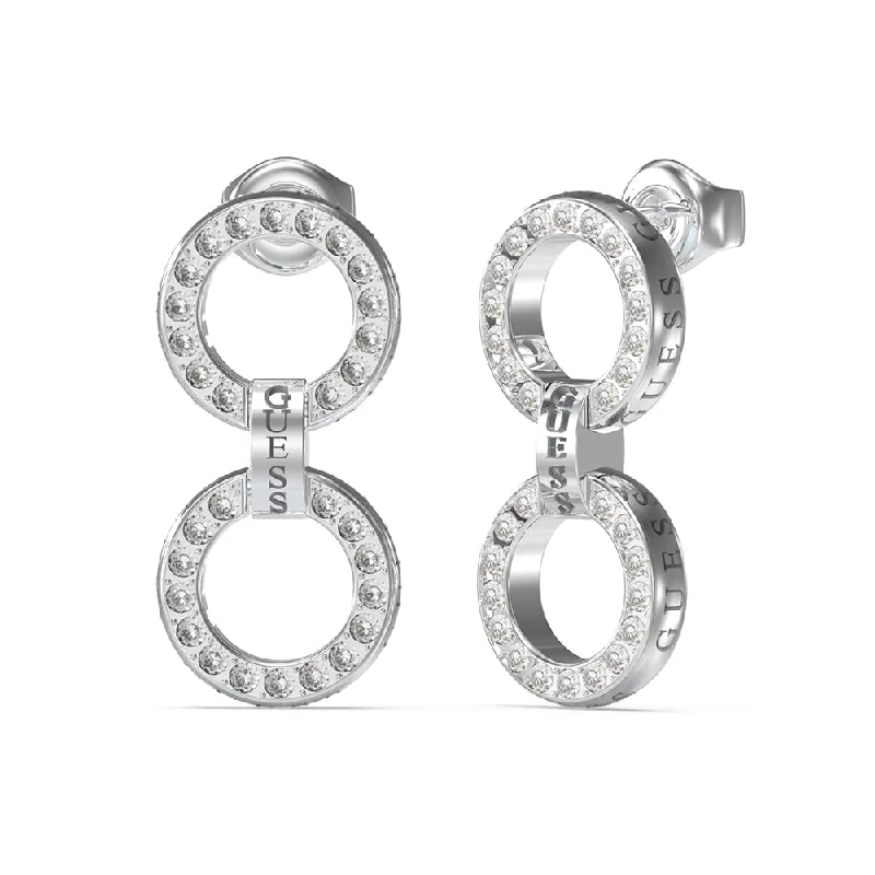 High-Quality Gemstone Jewelry For Special Occasions Guess Rhodium Plated Stainless Steel 30mm Double Pave Circle Drop Earrings